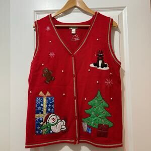 Vintage Thick Christmas Knit Vest V-Neck Women’s Medium Red Snowman Cottagecore